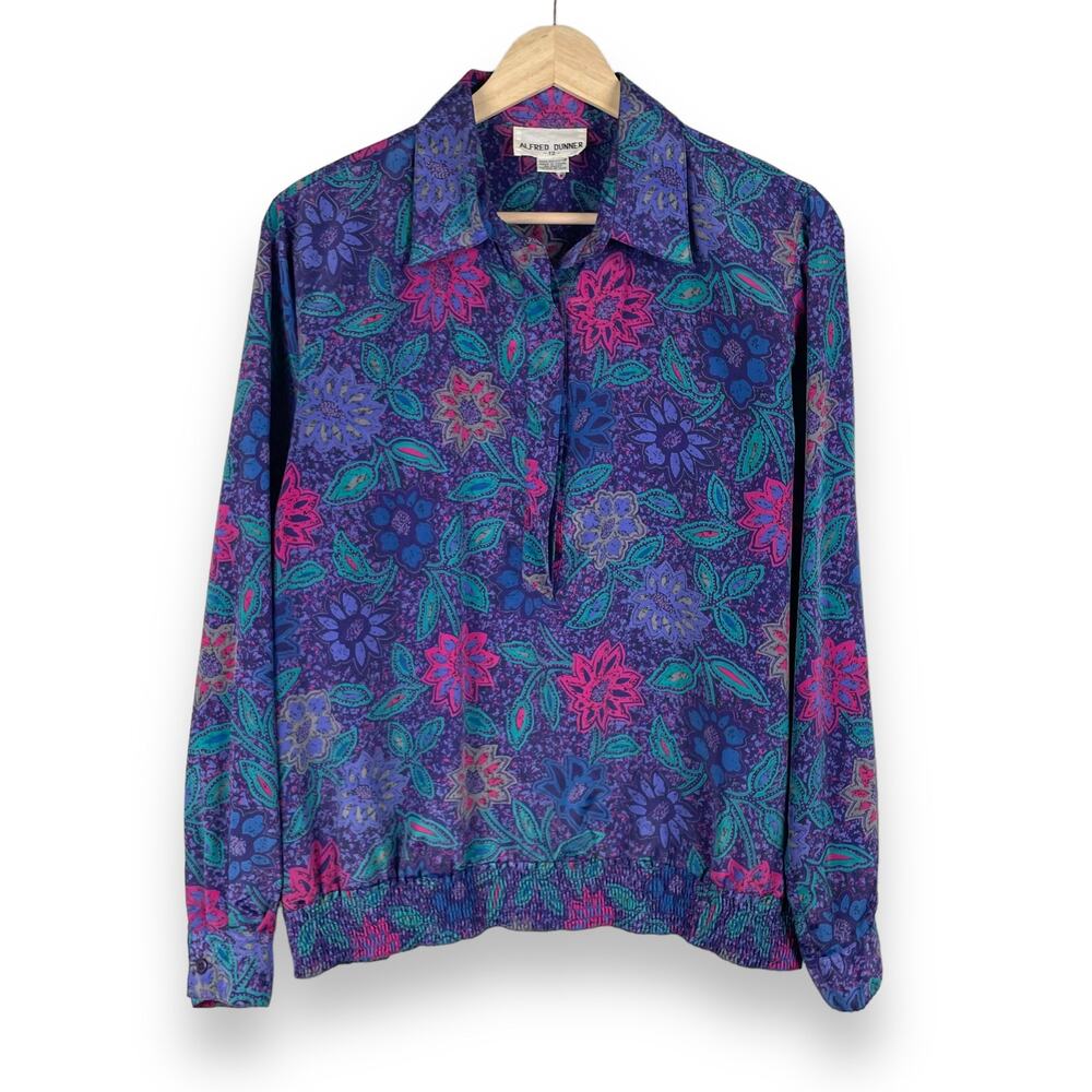 80s 90s Vintage Purple Psychedelic Floral Long Sleeve Blouse Top Size 12